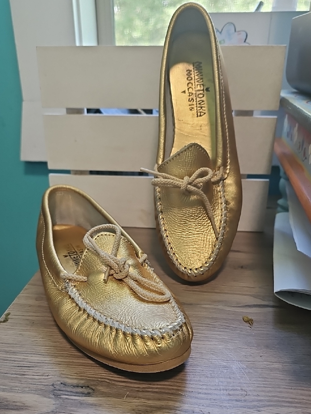 Minnetonka Gold Leather Moccasin Loafers - Women's